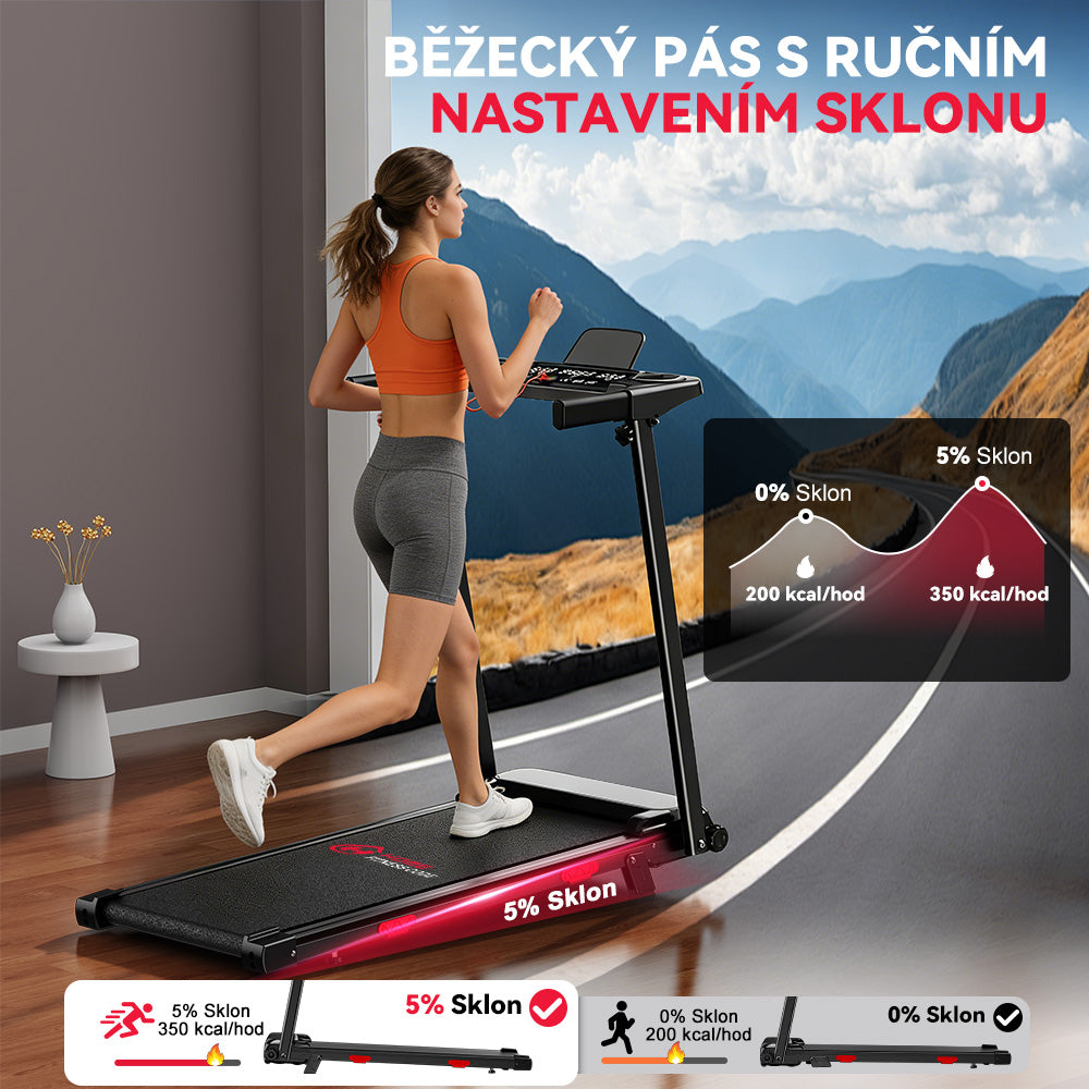 Skládací Běžecký Pás Q5 s Nastavitelným Sklonem, Bezkartáčový Motor, Rychlost 1–12 km/h