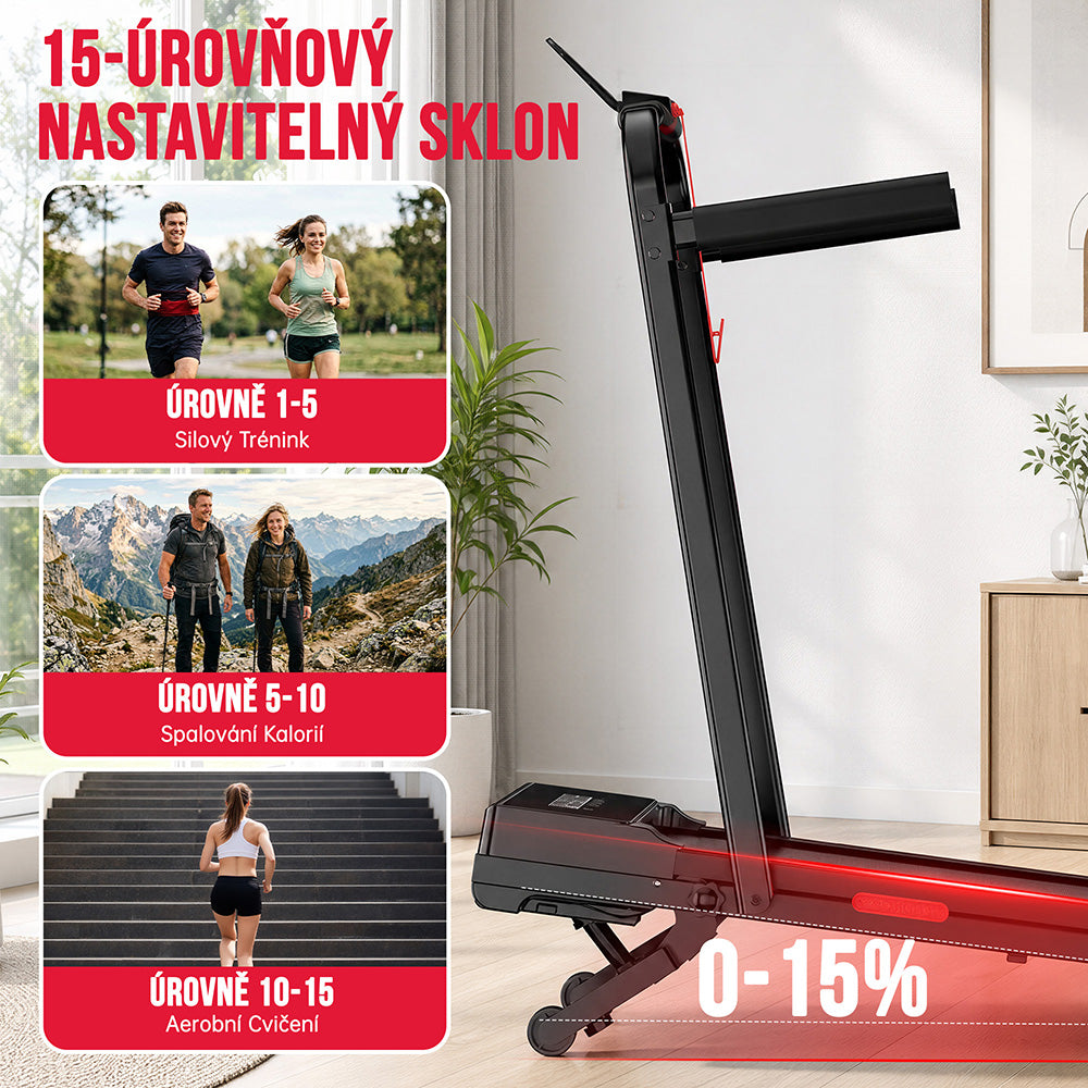 Skládací Běžecký Pás Y5 s Bezkartáčovým Motorem, Automatický Sklon 0 %–15 %